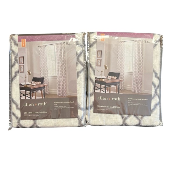 2 Curtain Panels, Allen + Roth 84-in Grey Lattice Trellis Light Filtering - Picture 3 of 7